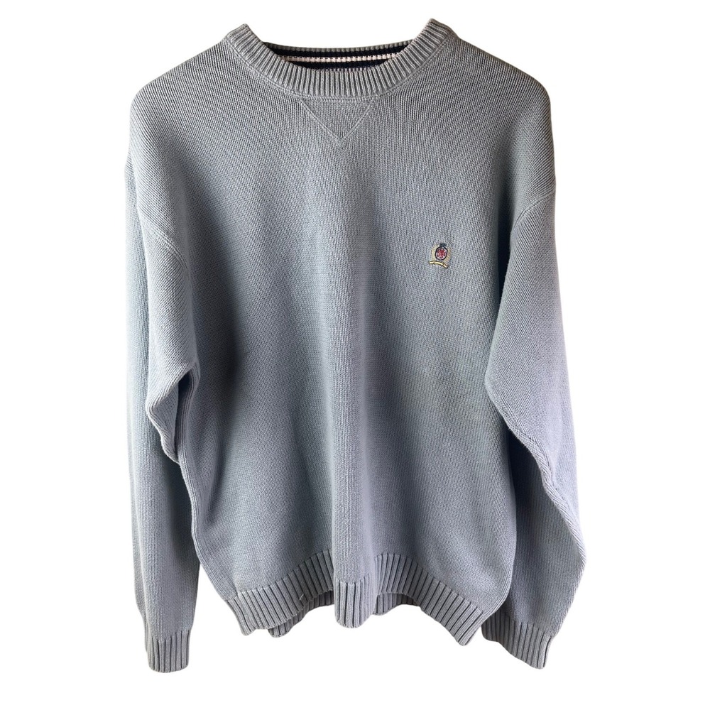 Tommy Hilfiger Light‎ Blue Tight Knit Pull Over Sweater 100% Cotton XL Men's